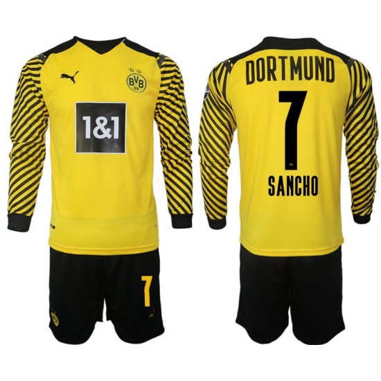 Camisola Borussia Dortmund Sancho 7 Criança Equipamento Primeiro 2021-2022 Manga Comprida